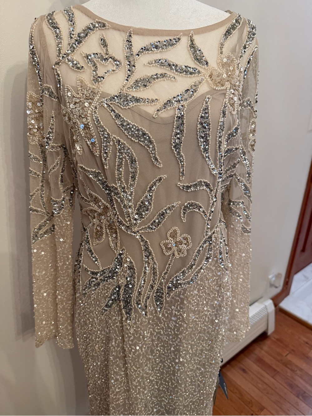 Adrianna Papell Beaded Maxi Gown NWT Size 12 Champagne Silver Formal Dress - Picture 9 of 17